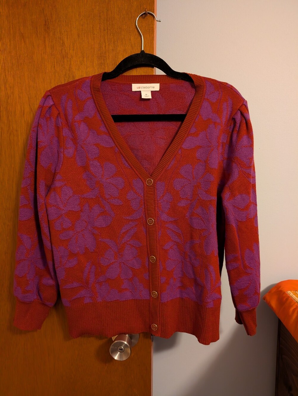 Liz Claiborne Red and Purple Floral V‑Neck Button Cardigan Women's Size Med